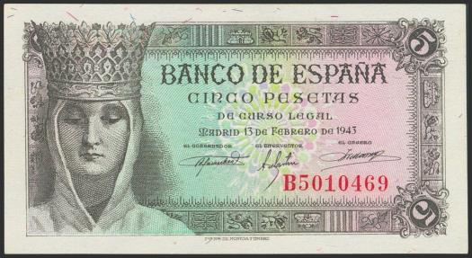 World Coins - 5 Pesetas. 13 de Febrero de 1943. Serie B. (Edifil 2023: 446a). Apresto original. SC-.
