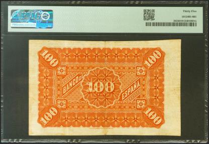 World Coins - 100 Pesetas. 1 de Enero de 1884. Sin serie. (Edifil 2021: 284, Pick: 26). Muy raro, especialmente sin reparaciones y en esta calidad. MBC+. Encapsulado PMG35.