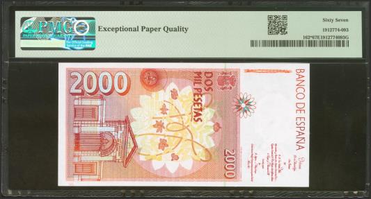 World Coins - 2000 Pesetas. 24 de Abril de 1992. Serie especial 9A. (Edifil 2021: 482b, Pick: 162*). Rarísima serie en esta excepcional calidad. SC. Encapsulado PMG67EPQ.