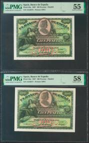World Coins - 100 Pesetas. 15 de Julio de 1907. Pareja correlativa. Sin serie. (Edifil 2021: 320, Pick: 64a). Rara, especialmente en esta calidad. EBC++/EBC+. Encapsulado PMG58/55.