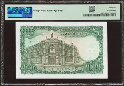 World Coins - 1000 Pesetas. 17 de Septiembre de 1971. Serie especial 9C. (Edifil 2021: 474d, Pick: 154*). Muy raro en esta excepcional calidad, apresto original. SC. Encapsulado PMG66EPQ.