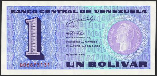 World Coins - VENEZUELA. 1 Bolívar. 5 de Octubre de 1989. Firmado por Pedro R. Tirico Hijo y José Vicente Rodríguez Aznar. Serie B. (Pick: 68, Sleiman: 2). SC.