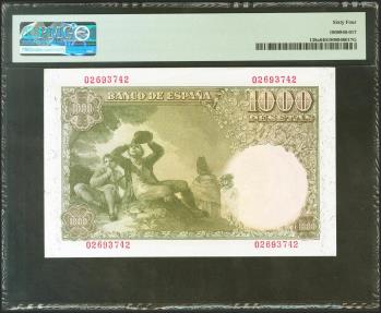 World Coins - 1000 Pesetas. 4 de Noviembre de 1949. Sin serie. (Edifil 2017: 458). Muy raro en esta excepcional calidad. SC. Encapsulado PMG64.