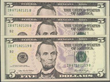 World Coins - USA. 5 Dollars. Federal Reserve Note. Correlative Trio. New York. Serial number IB-B. 2006. (Friedberg: 1993B, Pick: 524). Uncirculated.