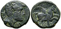 Ancient Coins - CESE (Tarragona). As. (Ae. 9,52g/24mm). 120-20 a.C. (FAB-2295). Anv: Cabeza masculina a derecha, detrás letras ibéricas: IL, delante S. Rev: Jinete con palma a derecha, debajo ley