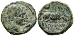 Ancient Coins - BILBILIS (Calatayud, Zaragoza). Semis. (Ae. 6,53g/21mm). 120-30 a.C. (FAB-266). Anv: Cabeza masculina a derecha, delante delfín, detrás letra ibérica: S. Rev: Caballo a derecha, e
