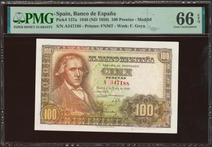 World Coins - 100 Pesetas. 2 de Mayo de 1948. Serie A. (Edifil 2023: 456a, Pick: 137a). Inusual en esta excepcional calidad, apresto original. SC. Encapsulado PMG66EPQ.