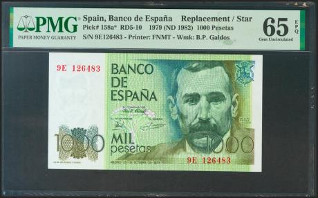 World Coins - 1000 Pesetas. 23 de Octubre de 1979. Serie especial 9E. (Edifil 2021: 477b, Pick: 158a*). Raro en esta calidad, apresto original. SC. Encapsulado PMG65EPQ.