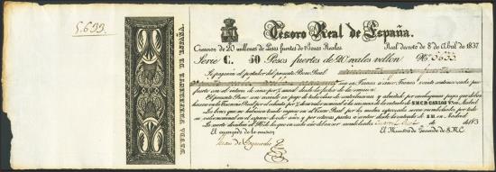 World Coins - 50 Pesos Fuertes de 20 Reales de Vellón. Tesoro Real de España. 8 de Abril de 1837. Serie C y matriz a la izquierda. (Edifil 2023: 21). Rarísimo, especialmente con la matriz. EBC.