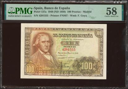 World Coins - 100 Pesetas. 2 de Mayo de 1948. Sin serie. (Edifil 2023: 456, Pick: 137a). EBC++. Encapsulado PMG58.