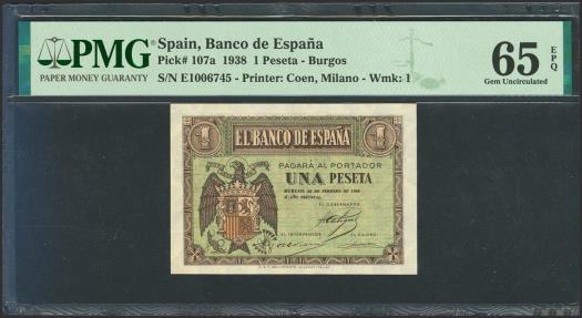 World Coins - 1 Peseta. 28 de Febrero de 1938. Serie E. (Edifil 2023: 427a, Pick: 107a). Apresto original. SC. Encapsulado PMG65EPQ.