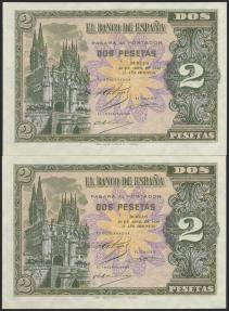 World Coins - 2 Pesetas. 30 de Abril de 1938. Pareja correlativa. Serie H. (Edifil 2021: 429a). Conserva todo su apresto original. SC.