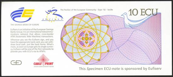 World Coins - 10 Ecu. 1992. SPECIMEN. Billete Promocional de la moneda única Europea, el Ecu, expuesta en el pabellón de la Comunidad Europea con motivo de la Exposición Universal de Sevilla. M
