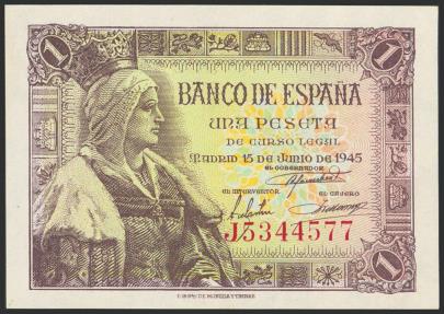 World Coins - 1 Peseta. 15 de Junio de 1945. Serie J. (Edifil 2023: 448a). Apresto original. SC.