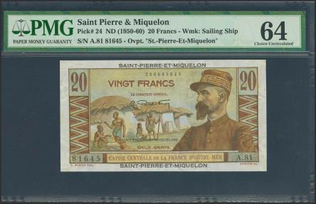 World Coins - SAINT PIERRE AND MIQUELON. 20 Francs. (1950ca). (Pick: 24). PMG64.