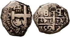 World Coins - FERNANDO VI (1746-1759). 8 Reales. (Ar. 15,96g/26mm). 1759. Potosí q. (Cal-2019-538). Doble fecha, la del anverso parcial. MBC. Recortada.