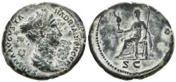 Ancient Coins - SABINA. As. (Ae. 9,49g/27mm). 128-134 d.C. Roma. Anv: SABINA AVGVSTA HADRIAN AVG P P. Busto drapeado con pelo recogido a derecha. Rev: Vesta sentada a izquierda portando paladio y