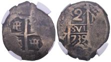 World Coins - FELIPE V (1700-1746). 2 Reales. (Ar. 6,71g/18mm). 1739. Potosí M. (Cal-2019-921). Encapsulada por NGC F 15.
