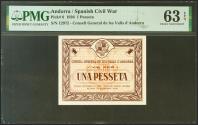 World Coins - ANDORRA. 1 peseta. December 19, 1936. No series. (Edifil 2021: 3, Pick: 6). Rare, especially in this exceptional quality, original sizing. PMG63EPQ package.