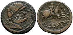 Ancient Coins - TITIACOS (Tricio, La Rioja). As. (Ae. 9,47g/24mm). 120-20 a.C. (FAB-2394). Anv: Cabeza masculina barbada a derecha, detrás letra ibérica: Ti. Rev: Jinete con lanza a derecha, deba