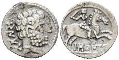 Ancient Coins - BASCUNES (Pamplona). Denario. (Ar. 3,47g/18mm). 120-20 a.C. (FAB-215). Anv: Cabeza masculina barbada a derecha, detrás leyenda ibérica BeNCoDa. Rev: Jinete con espada a derecha, d