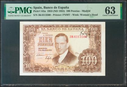 World Coins - 100 Pesetas. 7 de Abril de 1953. Error firma de cajero invertida e impresa en la parte superior derecha. Serie 3K. (Edifil 2021: 464c). Inusual. SC-. Encapsulado PMG63.