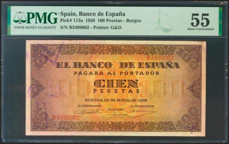 World Coins - 100 Pesetas. 20 de Mayo de 1938. Serie B. (Edifil 2021: 432a, Pick: 113a). EBC+. Encapsulado PMG55.