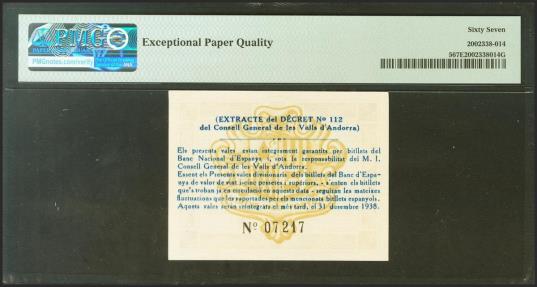 World Coins - ANDORRA. 50 Centims. 19 de Diciembre de 1936. Sin serie. (Edifil 2021: 1, Pick: 5). Raro en esta excepcional calidad, apresto original, para hacernos una idea de la rareza, a fech