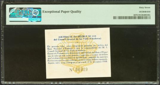 World Coins - ANDORRA. 50 Centims. 19 de Diciembre de 1936. Sin serie. (Edifil 2021: 1, Pick: 5). Raro en esta excepcional calidad, apresto original. SC. Encapsulado PMG67EPQ.