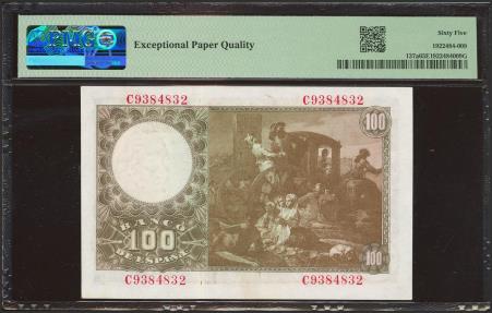 World Coins - 100 Pesetas. 2 de Mayo de 1948. Serie C. (Edifil 2023: 456a, Pick: 137a). Inusual en esta excepcional calidad, apresto original. SC. Encapsulado PMG65EPQ.