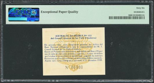 World Coins - ANDORRA. 50 Centims. 19 de Diciembre de 1936. Sin serie. (Edifil 2021: 1, Pick: 5). Raro en esta excepcional calidad, apresto original. SC. Encapsulado PMG66EPQ.