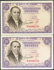 World Coins - 25 Pesetas. 19 de Febrero de 1946. Pareja correlativa, serie F. (Edifil 2021: 450a). Apresto original. SC-.