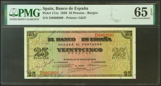 World Coins - 25 Pesetas. 20 de Mayo de 1938. Serie D. (Edifil 2021: 430a, Pick: 111a). Inusual en esta calidad, apresto original. SC. Encapsulado PMG65EPQ.