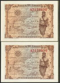 World Coins - 1 Peseta. 15 de Junio de 1945. Pareja correlativa. Serie A. (Edifil 2021: 448a). Apresto original. SC.