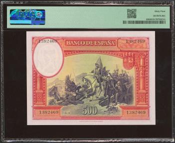 World Coins - 500 Pesetas. 7 de Enero de 1935. Sin serie. (Edifil 2023: 365, Pick: 89). SC. Encapsulado PMG64.