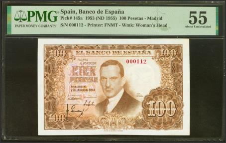 World Coins - 100 Pesetas. 7 de Abril de 1953. Sin serie y numeración extremadamente baja. (Edifil 2021: 464, Pick: 145a). Extraordinariamente raro con una numeración tan baja. EBC+. Encapsulad