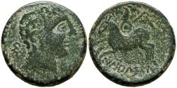 Ancient Coins - ICALCUNSCEN (Iniesta, Cuenca). As. (Ae. 13,28g/28mm). 120-20 a.C. (FAB-1418 var). Anv: Cabeza masculina a derecha, detrás: CNF, delante: Q. Rev: Jinete con lanza y escudo, debajo