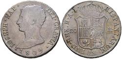 World Coins - JOSE NAPOLEON (1808-1813). 20 Reales. (Ar. 27,21g/39mm). 1809. Madrid. IA. (Cal-2019-36). MBC/MBC+. Plata ligeramente agria y rayitas de ajuste en reverso. Atractivo tono.