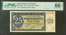 World Coins - 25 Pesetas. 21 de Noviembre de 1936. Serie C. (Edifil 2021: 419a, Pick: 99a). Raro en esta excepcional calidad, apresto original. Encapsulado PMG66EPQ.