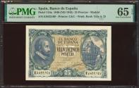 World Coins - 25 Pesetas. 9 de Enero de 1940. Serie E. (Edifil 2023: 436a, Pick: 116a). Raro en esta excepcional calidad, apresto original. SC. Encapsulado PMG65EPQ.