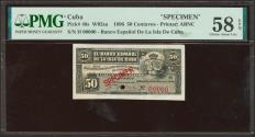 World Coins - BANCO ESPAÑOL DE LA ISLA DE CUBA. 50 Centavos. 15 de Mayo de 1896. Serie H, Specimen y numeración 00000. (Edifil 2023: 70, Pick: 46s). Rarísimo. EBC+++. Encapsulado PMG58EPQ.