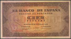 World Coins - 100 Pesetas. 20 de Mayo de 1938. Serie D. (Edifil 2017: 432a). Conserva gran parte del apresto original. EBC.
