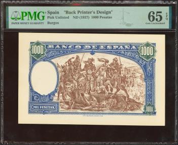 World Coins - Conjunto de las pruebas de anverso y reverso de un billete no emitido de 1000 Pesetas, fechado el 18 de Julio de 1937. Sin numeración. (Edifil 2021: NE45P). Extraordinariamente ra