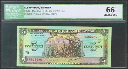 World Coins - EL SALVADOR. 5 Colones. 16 May 1990. (Pick: 138a). ICG66.