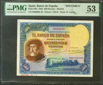 World Coins - 500 Pesetas. 7 de Enero de 1935. Specimen Nº42, numeración 0000000, marca en negro de De la Rue y sin firma del cajero. (Edifil 2021: 365Ma, Pick: 89s). Rarísimo y espectacular. E