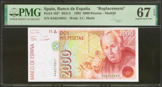 World Coins - 2000 Pesetas. 24 de Abril de 1992. Serie especial 9A. (Edifil 2021: 482b, Pick: 162*). Rarísima serie en esta excepcional calidad. SC. Encapsulado PMG67EPQ.