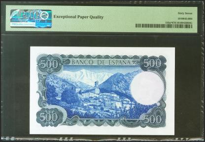 World Coins - 500 Pesetas. 23 de Julio de 1971. Serie especial 9A. (Edifil 2021: 473b, Pick: 153a*). Raro en esta excepcional calidad. SC. Encapsulado PMG67EPQ.