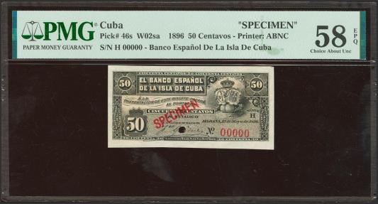 World Coins - BANCO ESPAÑOL DE LA ISLA DE CUBA. 50 Centavos. 15 de Mayo de 1896. Serie H, Specimen y numeración 00000. (Edifil 2023: 70, Pick: 46s). Rarísimo. EBC+++. Encapsulado PMG58EPQ.