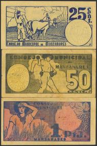 World Coins - MANZANARES (CIUDAD REAL). 25 Céntimos, 50 Céntimos y 1 Peseta. 1 de Abril de 1937. Series C, B y A, respectivamente. (González: 3369/71). Serie completa. MBC.