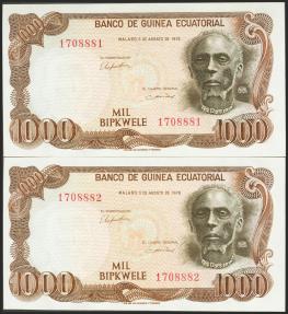 World Coins - GUINEA ECUATORIAL (billete realizado en la Fábrica Nacional de Moneda y Timbre de España). 1000 Bipkwele. Pareja correlativa. 3 de Agosto de 1979. Sin serie. (Pick: 16). Inusual,